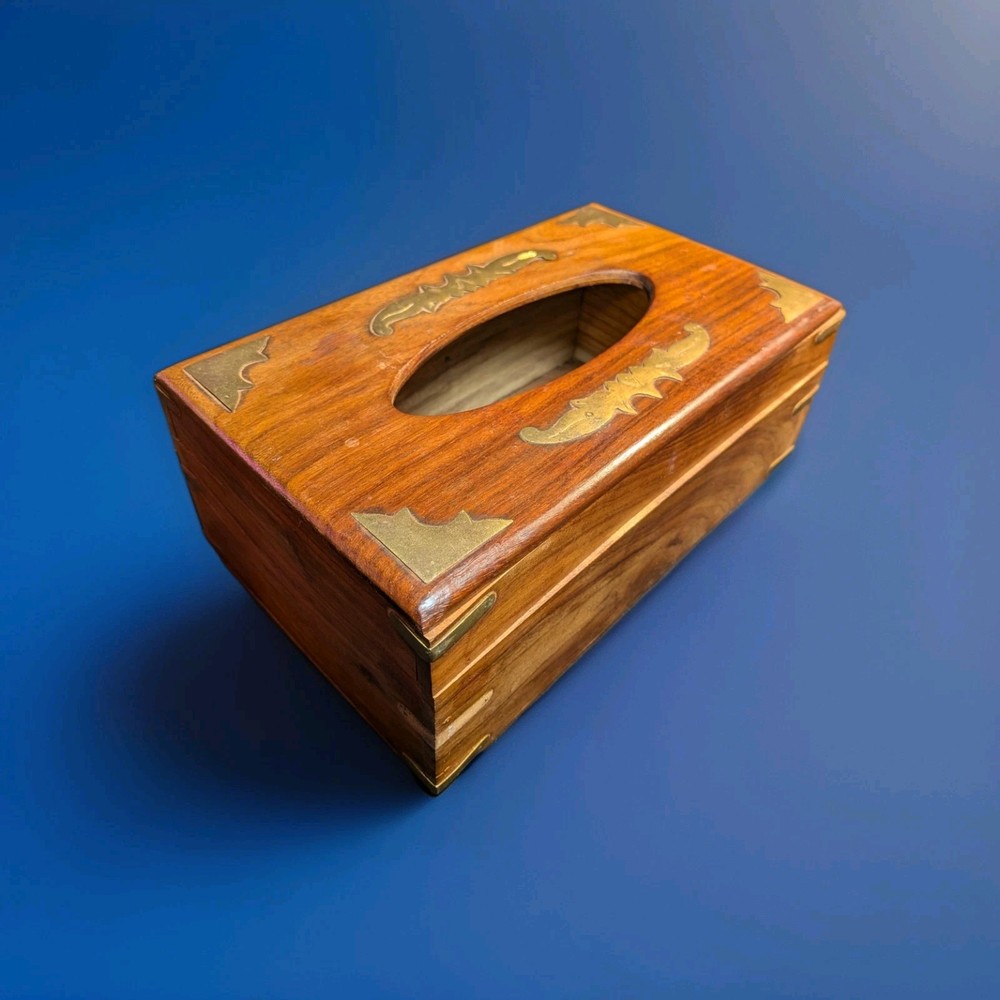 Vintage Wooden Tissue Box Napkin Holder Cover With Brass