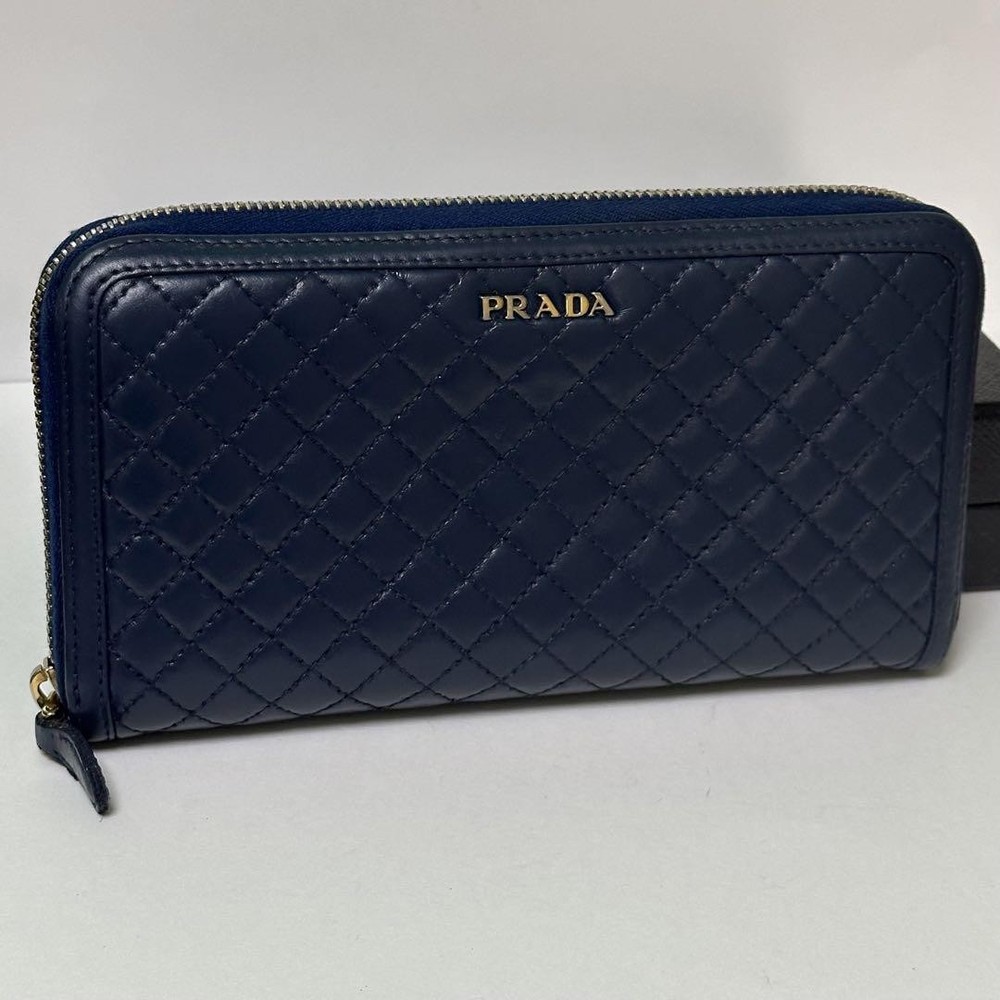 Prada Quilted Leather Long Wallet Blue Logo Zipper Used