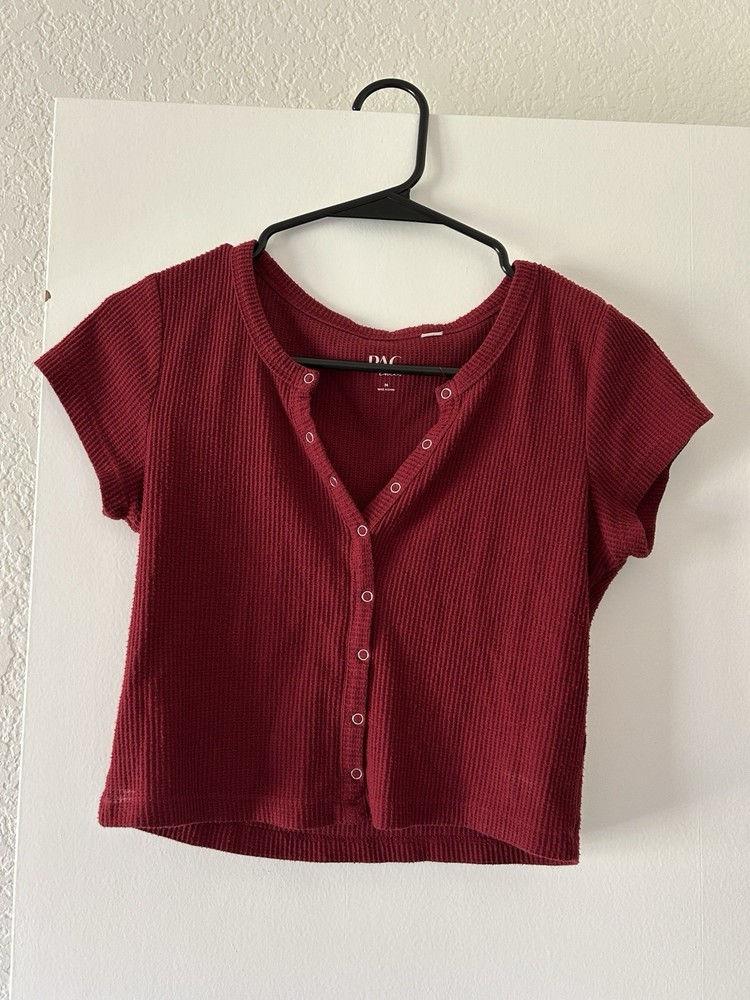 PacSun Ribbed Snap-Front Crop Top - Wine Red Size Medium