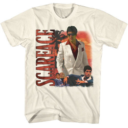 Scarface Palm Tree Sunset Bg Natural Adult T-Shirt