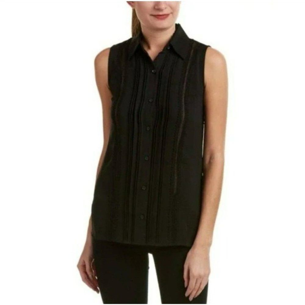 CAbi Black Jagger Sleeveless Lace Trim Shirt 3266 S Small