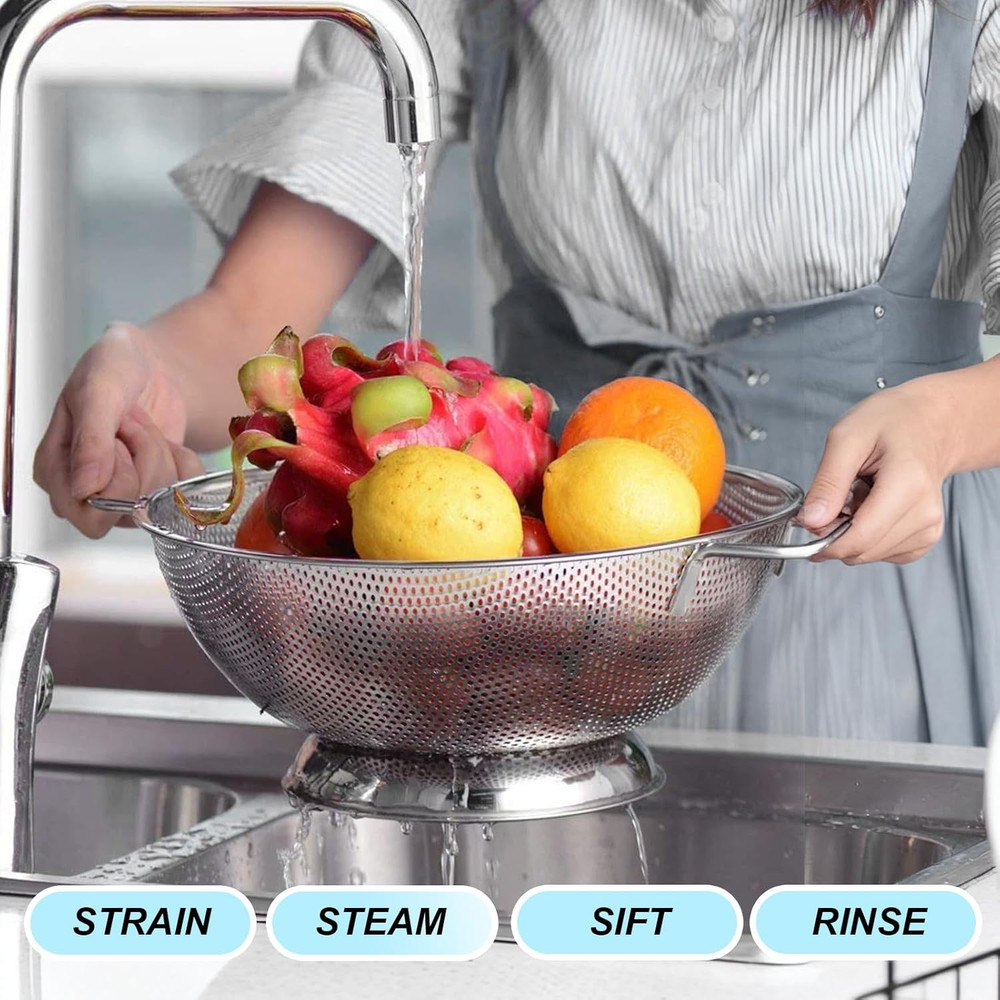 304 Stainless Steel Colander, Micro-Perforated 3-Quart Strainer with Base, Di...