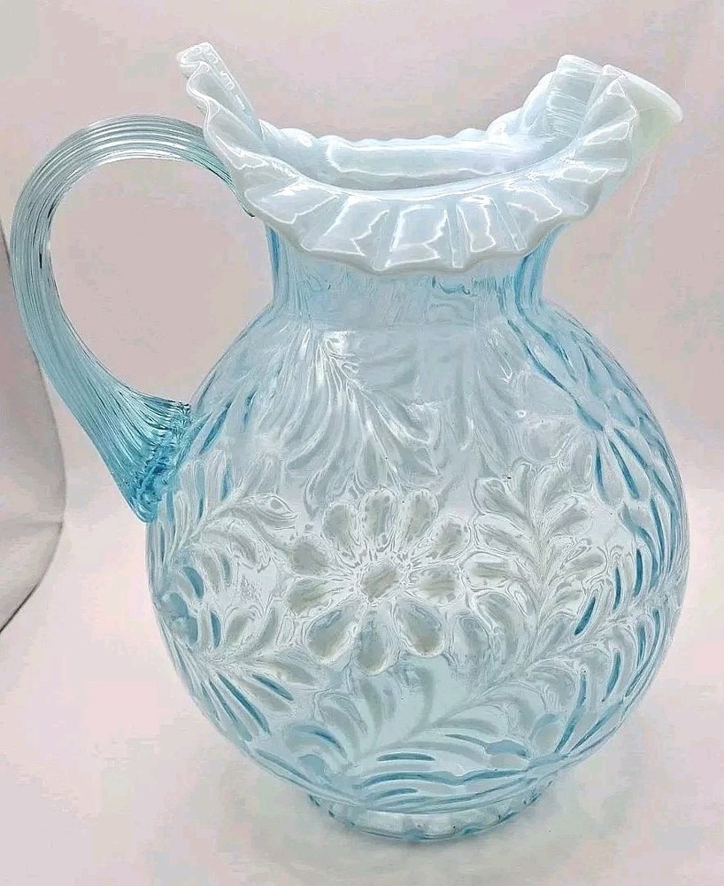 Antique FENTON - L.G. Wright Large Daisy & Fern Ruffled Blue Opalescent Pitcher