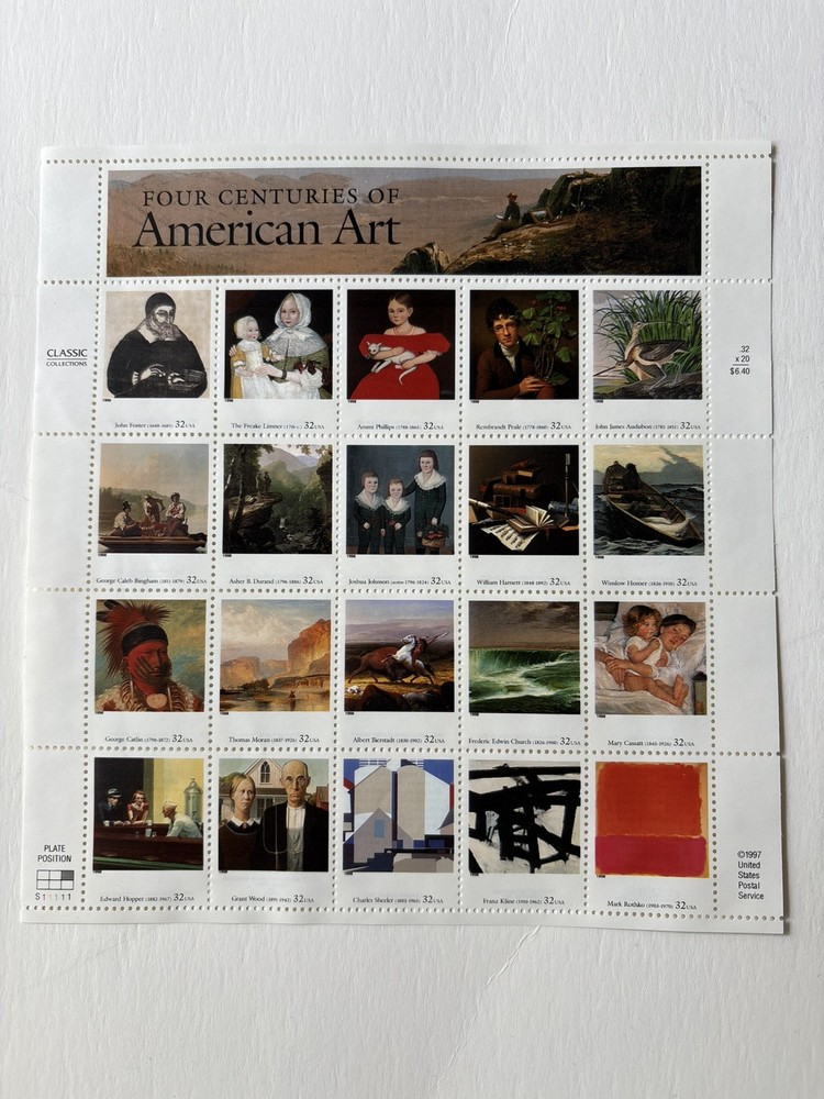 Vntg USA Postage 20 Stamps 1995 Four Centuries of American Art 32c Face Value