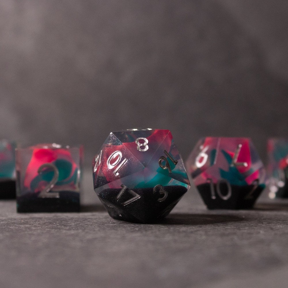 Pink & Green Flame Sharp Edge DnD Dice Set