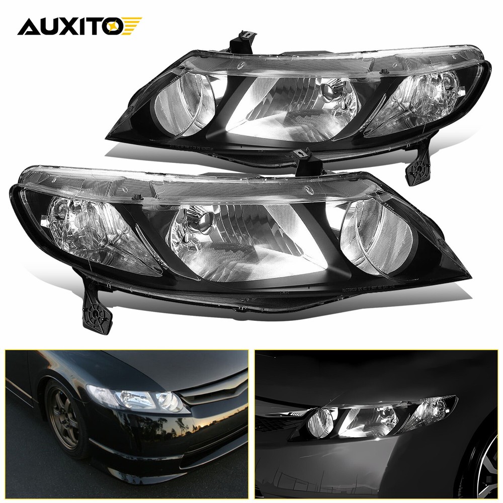 Black Housing Headlights Fit 2006-2011 Honda Civic Sedan 4-Door Headlamps Pair