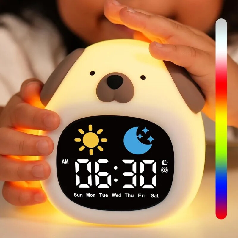 Alarm Clock Kids Puppy-Shape Toddler Sleep Training Clock Cute Touch Night Light