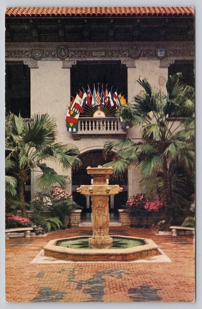 Pan American Union Building Washington DC Patio Fountain Flags Vintage Postcard