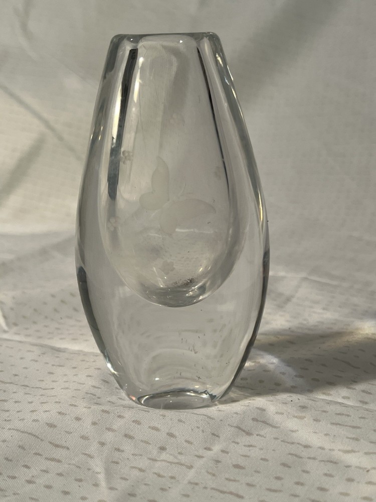 Kosta Boda Etched Glass miniature Vase with Butterfly Signed Kosta