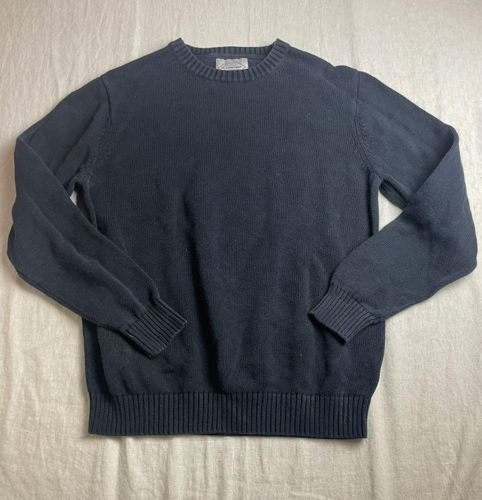 St. John's Bay Black Mens L Tight Knit Preppy Cotton Crewneck Pullover Sweater
