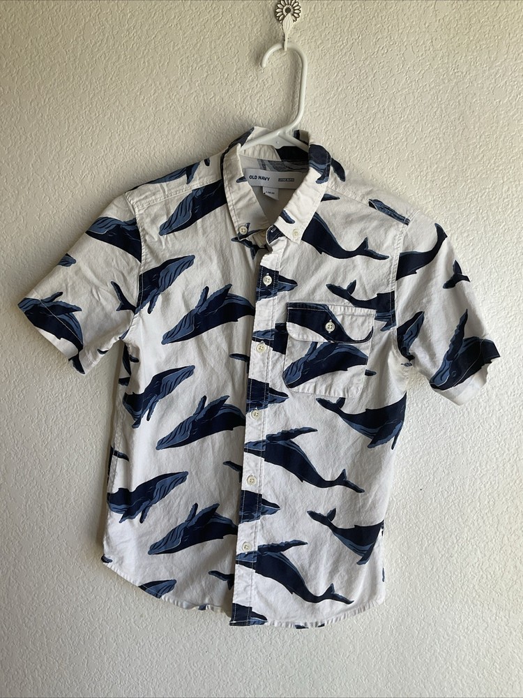 Old Navy Whale Button Down Shirt Boys Large 10/12 White Blue Nautical Summer