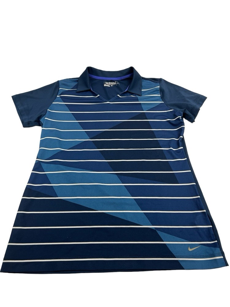 Nike Golf Tour Performance Dri Fit Womens Top polo shirt size L Blue stripes