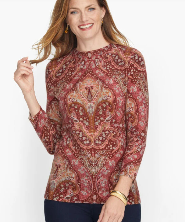 Talbots 100% Cashmere Audrey Sweater in Paisley Preppy Old Money Crew Neck Sz M
