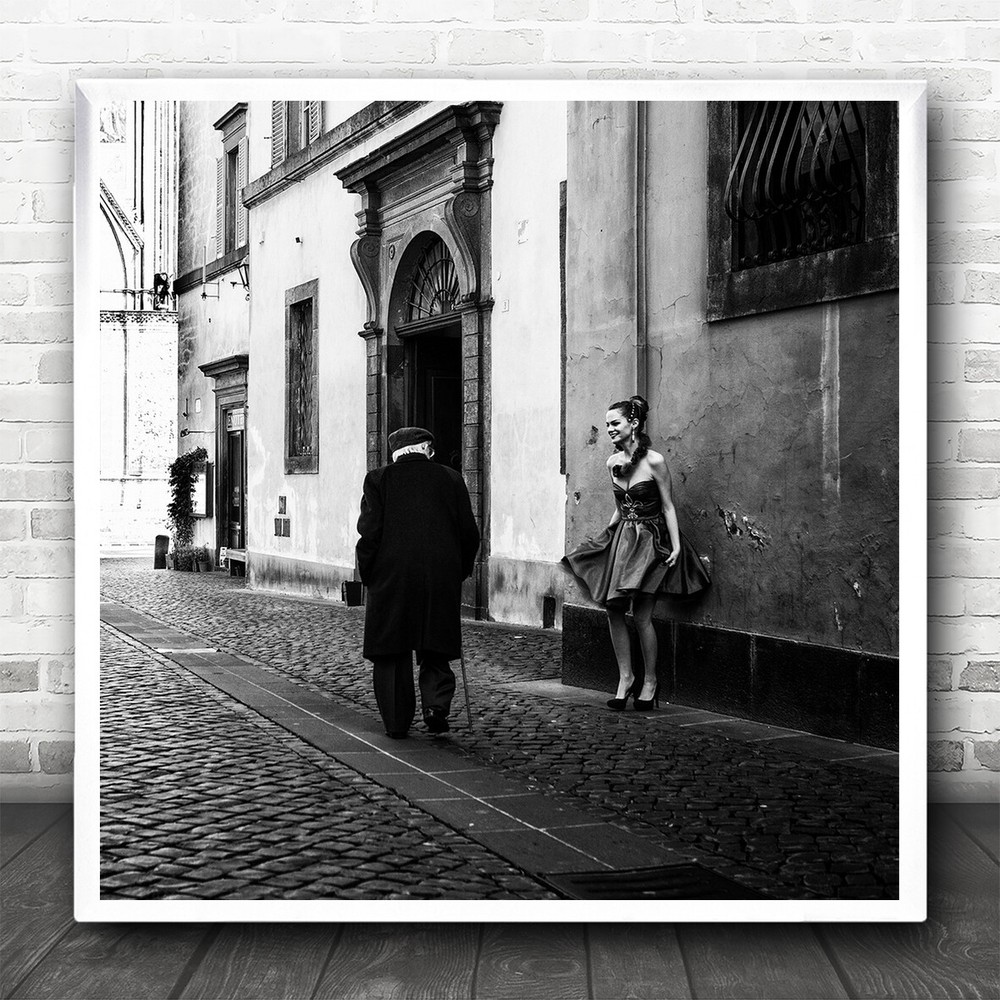 B&W Street Woman Man Square Glance Dress People Old Stick Cane Square Art Print