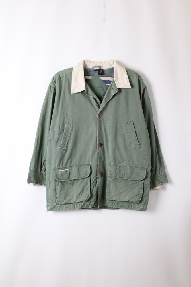 Vintage Hunting Jacket Canvas Cotton Faded Green Aztec Lining Large