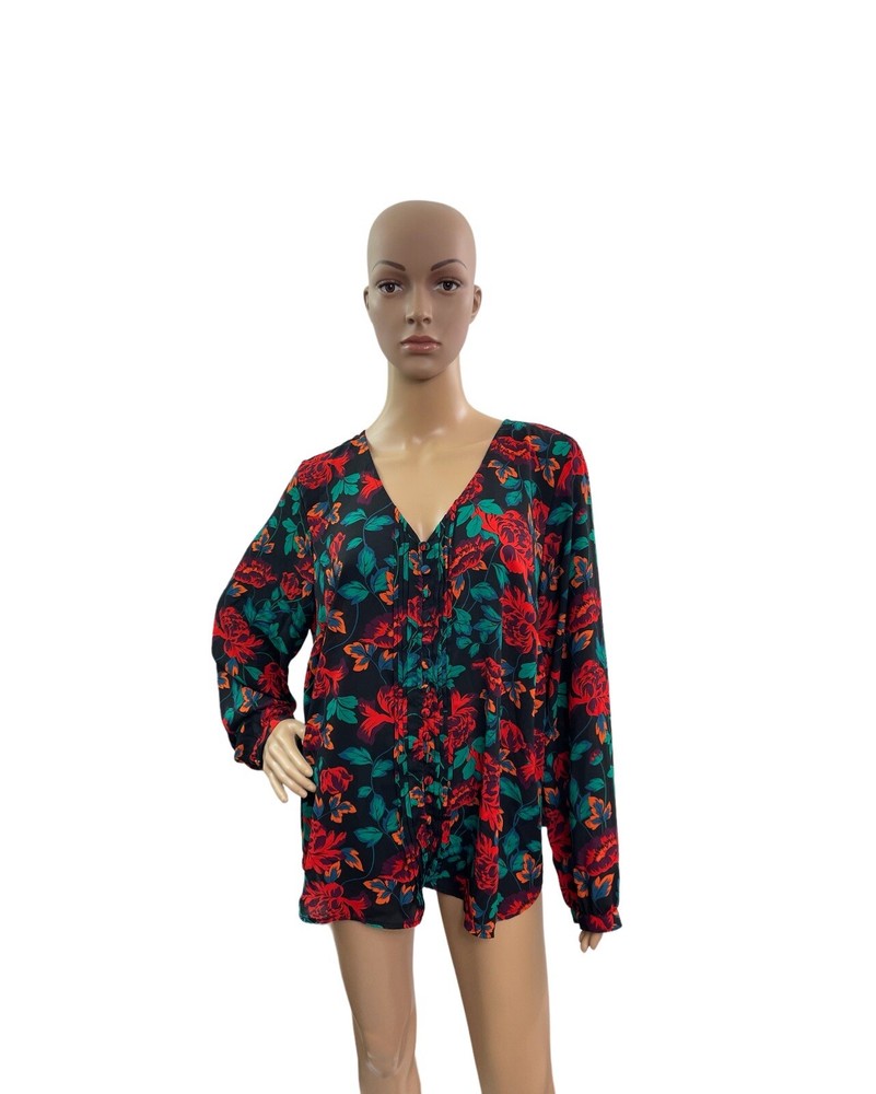 Torrid Plus Size Women’s  1X Long Sleeve Black Red Green V Neck Floral Blouse