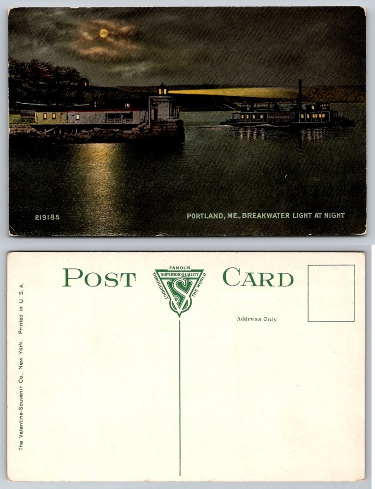 Portland, ME Breakwater Light at Night Vintage Postcard Valentine Co.