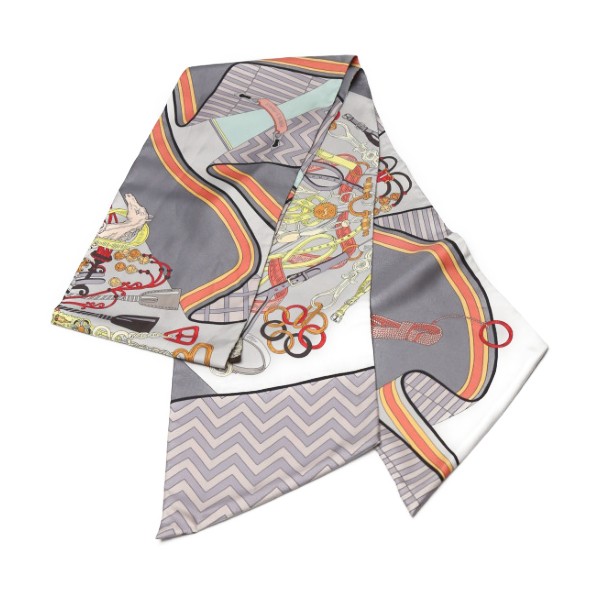 Hermes Carre 90 Silk Scarf in Gray with Horse Harness Design 554960