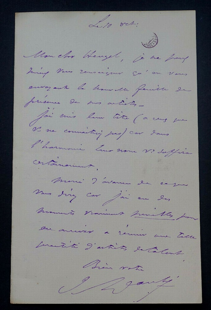 Jules Danbe, autograph letter signed to Henri Heugel