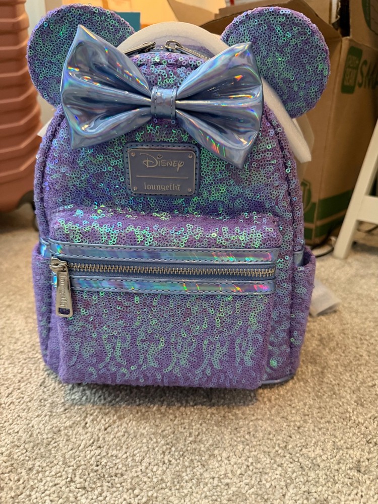 NWOT Loungefly Disney Minnie Mouse Purple Sequin Celebration Mini Backpack