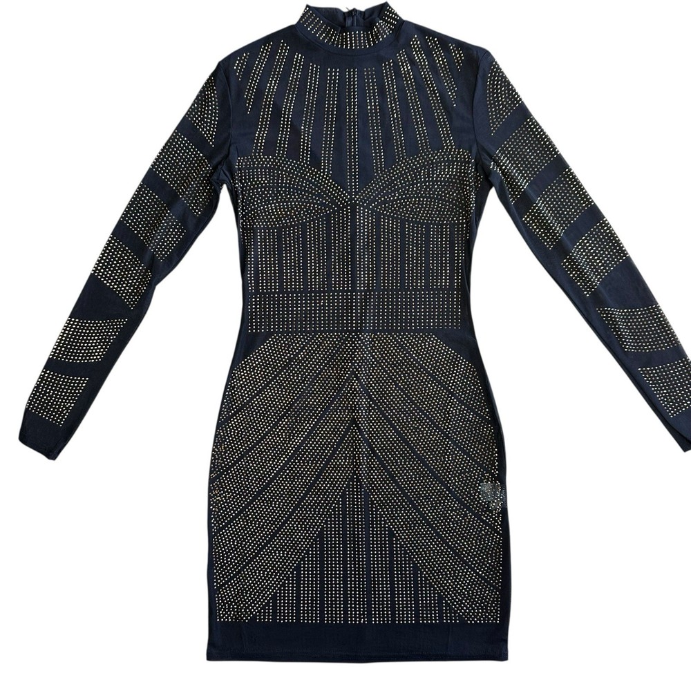 Black Studded Bodycon Dress Long Sleeve High Neck Mini Party Clubwear Glam