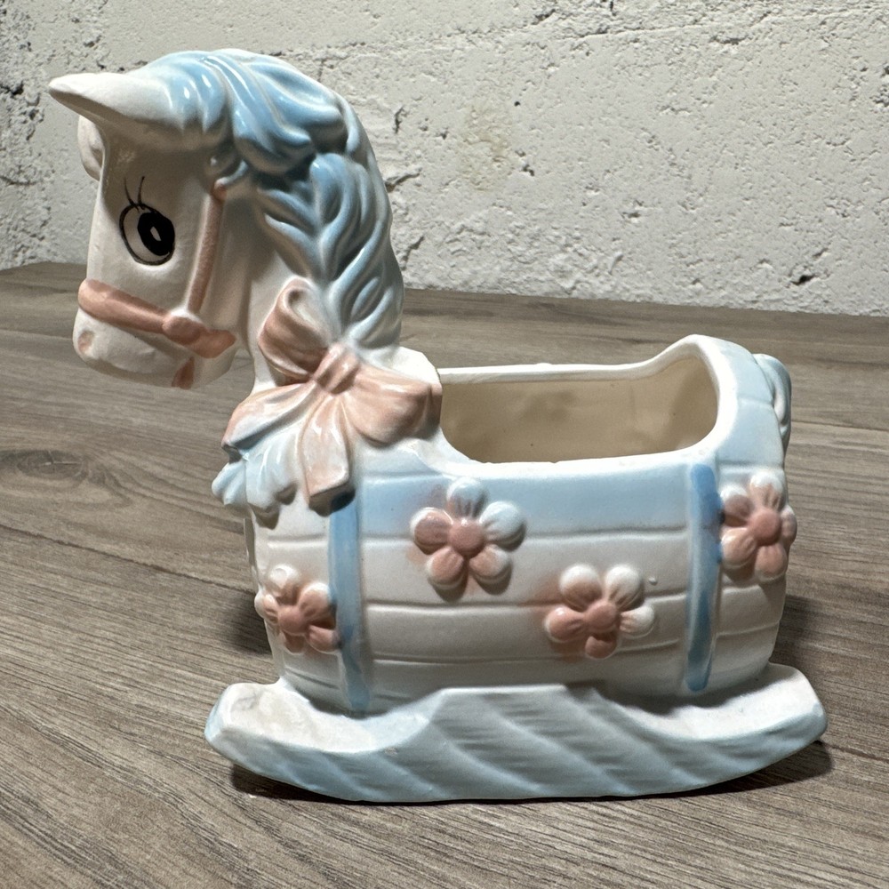 INARCO Pastel Baby Blue Pink Rocking Barrel Horse Planter Japan Nursery Vtg