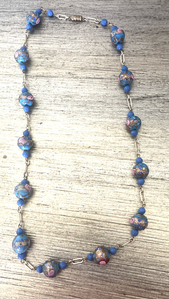 Vintage Blue/Pink Wedding Cake Lamp Work Italian Glass Bead Necklace Venetian