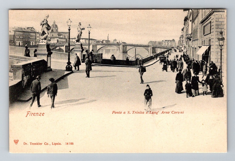 Italy- Florence Arno River Holy Trinity Bridge Street Scene PC Vintage Postcard