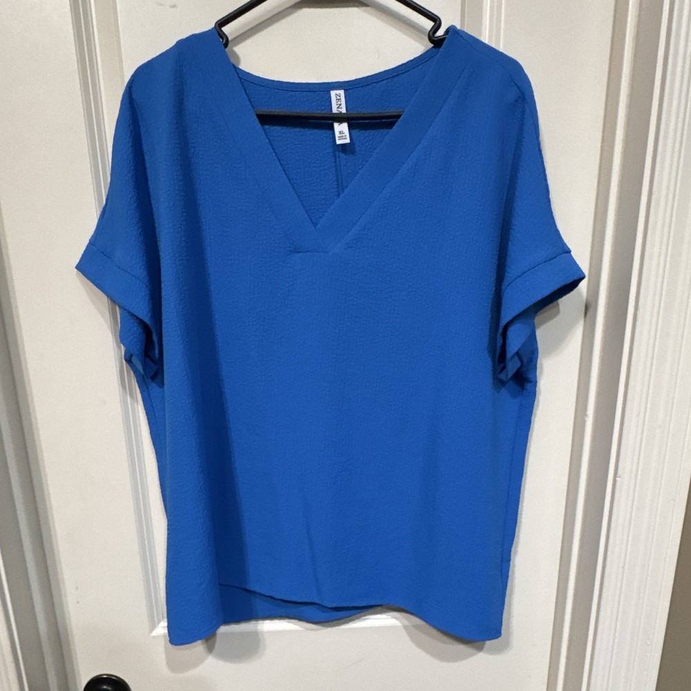 Zenana Blue Solid V-Neck Short Sleeve Pleated Blouse Top Size L