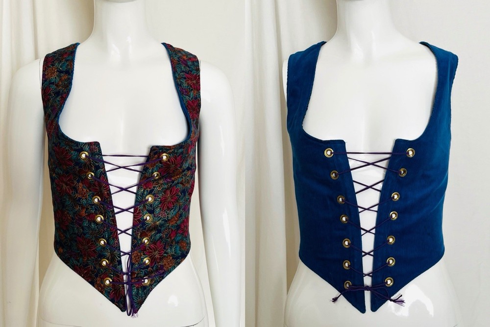 Womens Lace Up Vest Corset Bodice XS Renaissance Reversible Blue Corduroy/Print