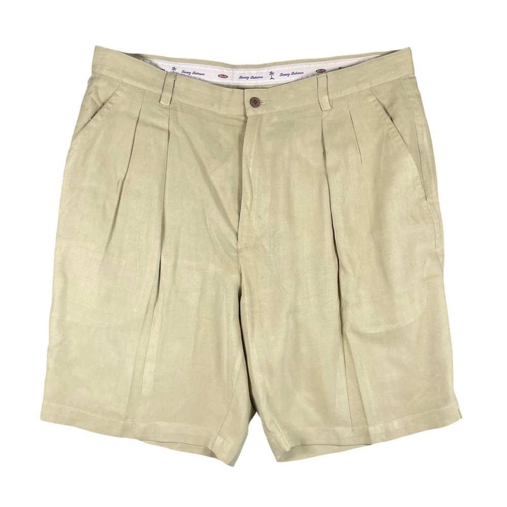 Tommy Bahama Shorts Mens 38 Tan 100% Silk Herringbone Pleated Relaxed Excellent