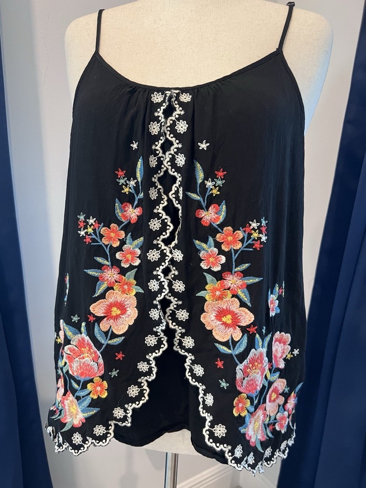 SAVANNA JANE Tank Top Womens XL Black Floral Embroidered Cottage Boho Peasant