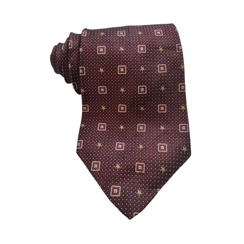Tommy Hilfiger Tie 100% Italian Silk Burgundy Foulard Squares Stars Made in USA