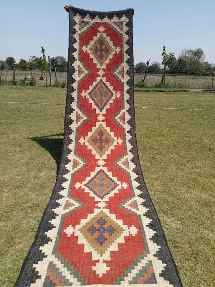 Vintage Aztec Kilim Runner Rug Wool Jute Southwestern Stair Carpet