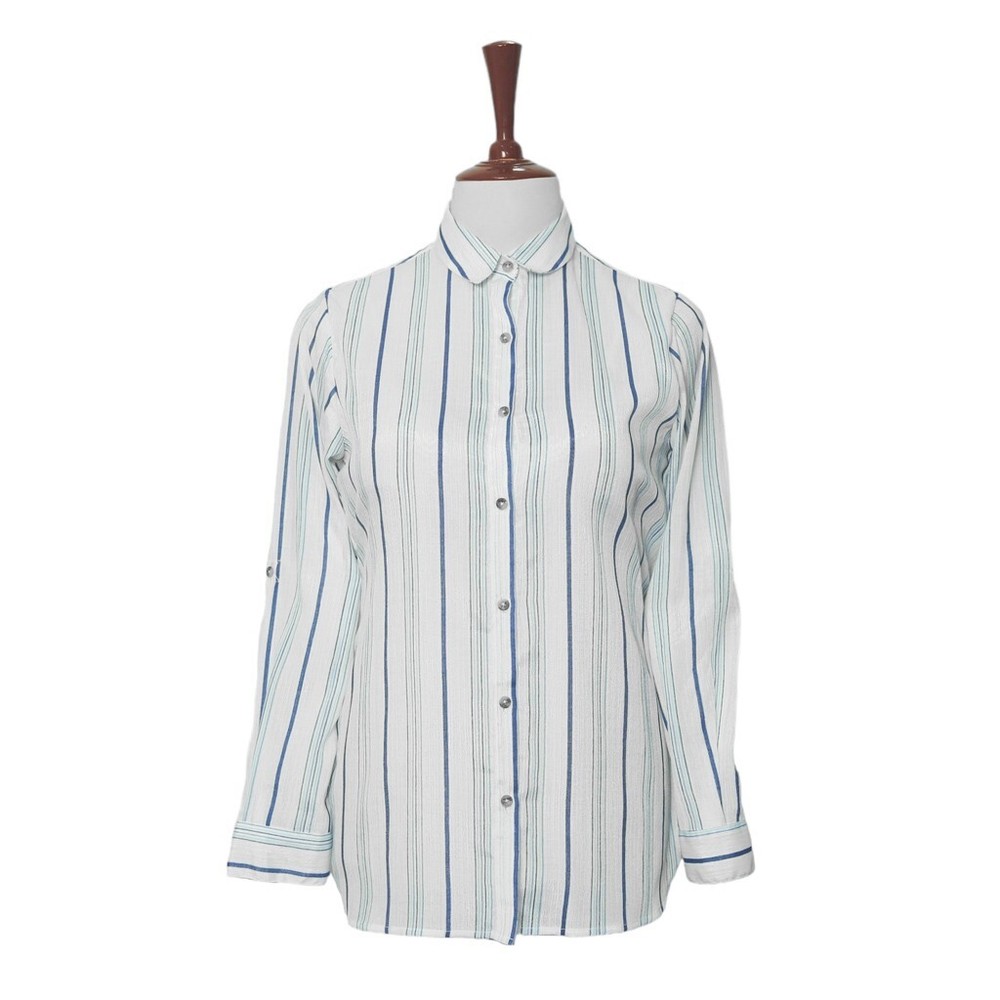 Womens Silky Shirt Button Up White Blue Striped Summer Casual Beach Tunic Medium