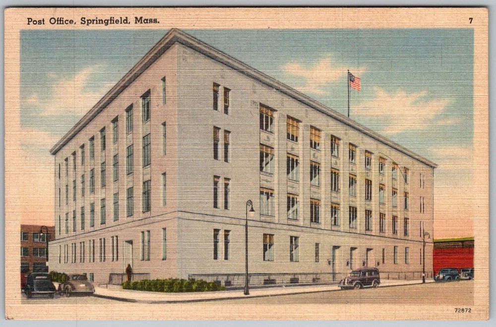 Vtg Linen Postcard Post Office Building Springfield, MA 1940s