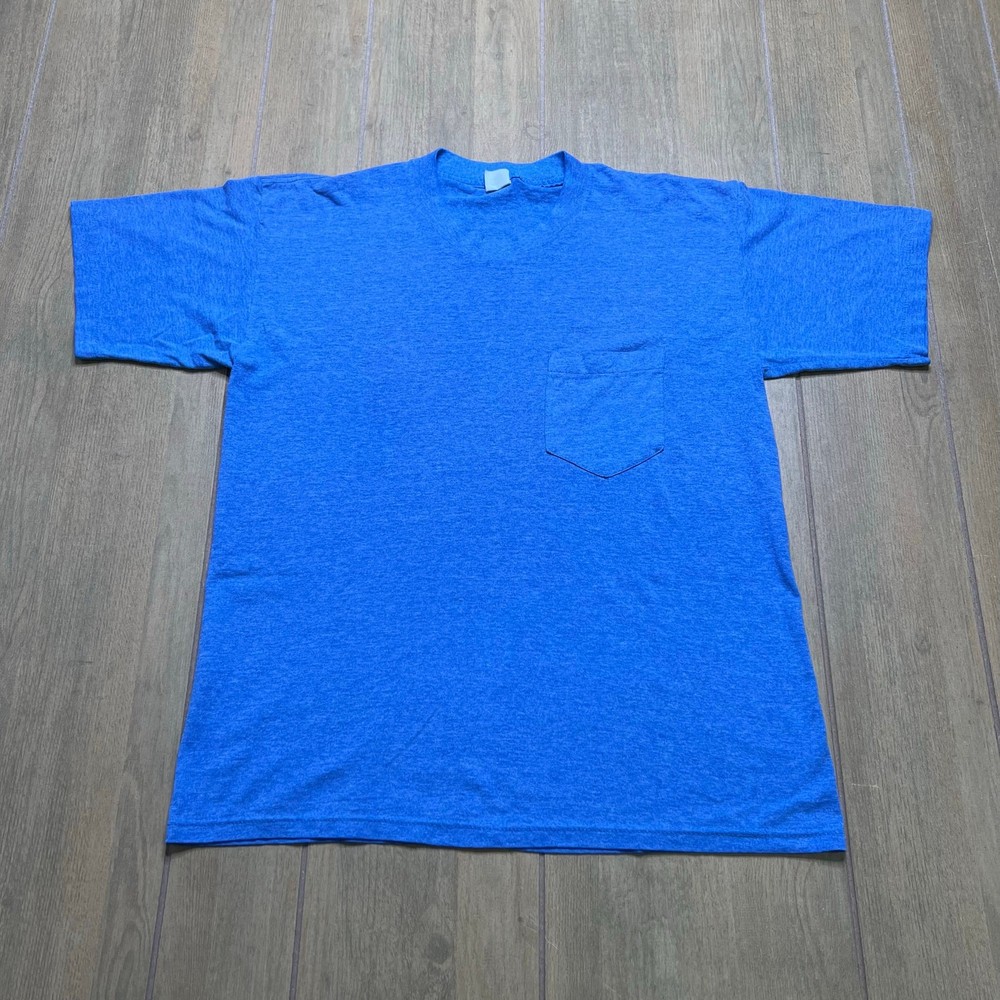 Vintage 80s T shirt size Large plain Blue front pocket Single stitch