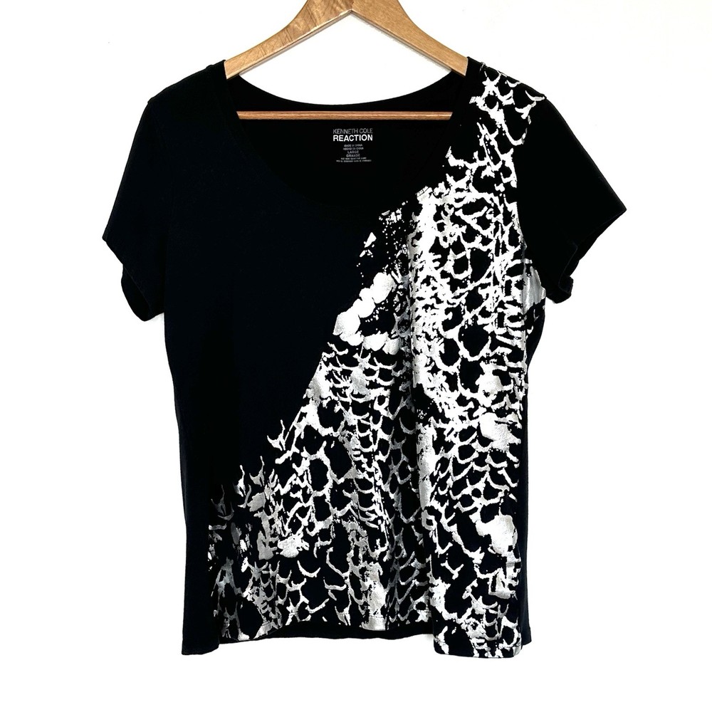 Kenneth Cole Reaction Shirt Women’s Large Black Silver Short Sleeve Pullover Top