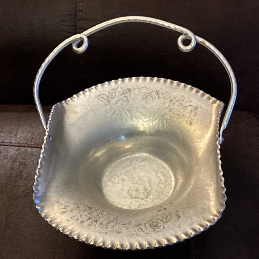 Aluminum Basket Floral Design Embossed Handle Decorative Vintage