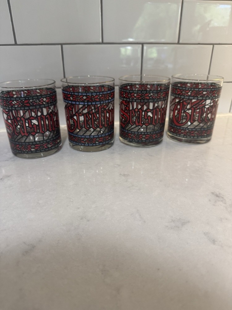 VTG Houze Christmas Glasses Seasons Greetings Set of 4 Low Ball Cocktail Eggnog