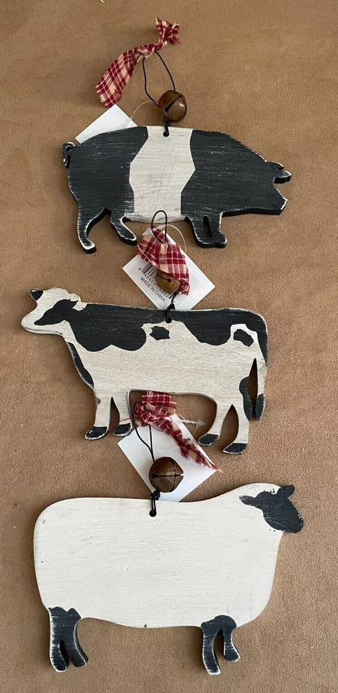 K&K Interiors Cow Pig Sheep set 3 Wood Farm Animal Ornaments Bell lot hanging