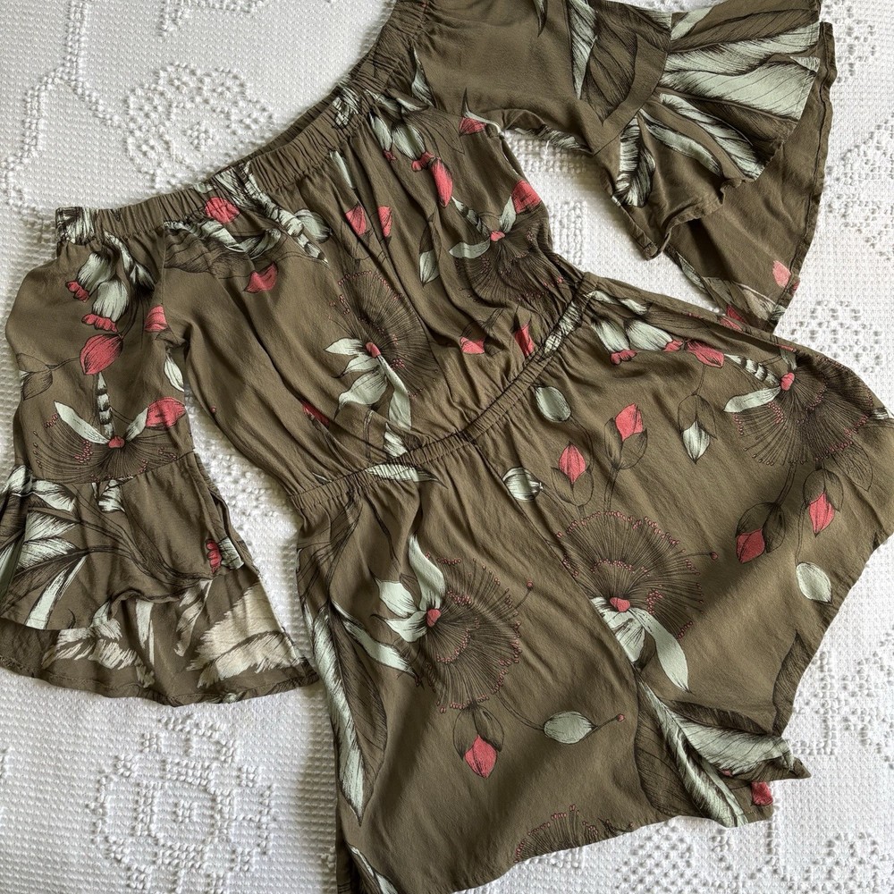 Express womens size S green floral print flutter sleeve off the shoulder romper