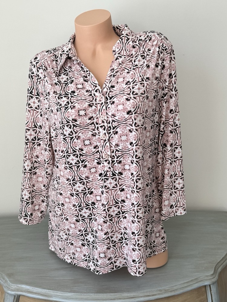 Charter Club Blouse Top 3/4 Sleeve SZ XL Pink Black Floral Stretch Wrinkled Free