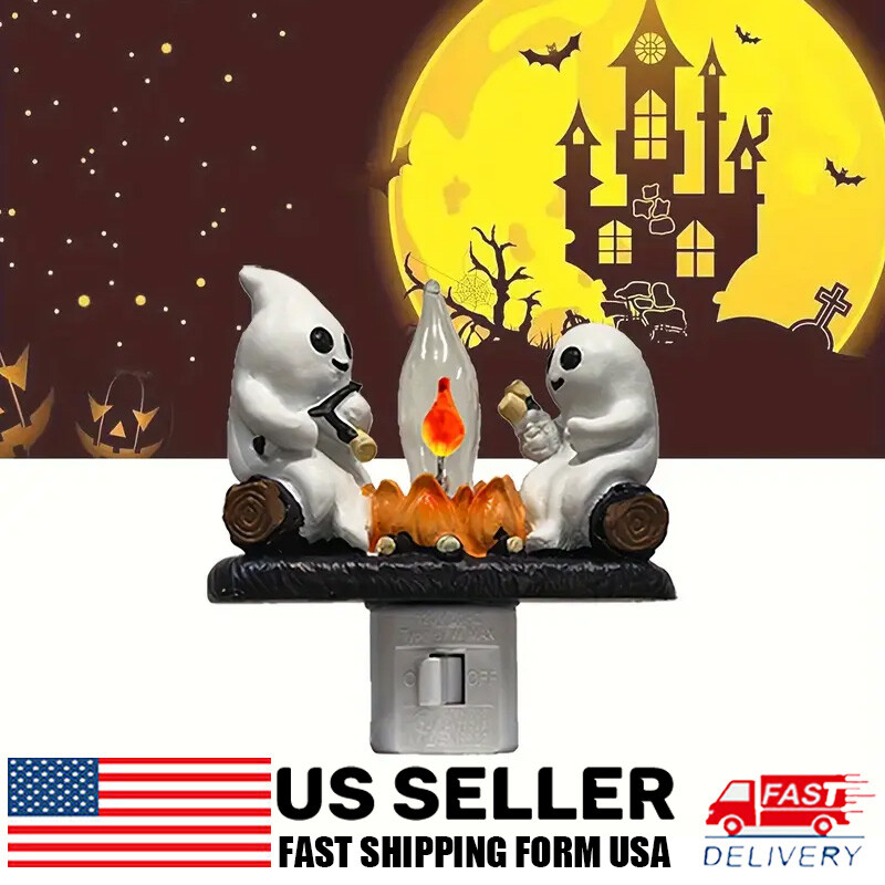 Ghost Roasting Marshmallows Flickering Campfire Night Light