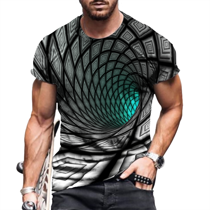 T-Shirt Men Fashion Graphic Short Sleeve 3D Spiral Green Black T Shirt Dress Tee