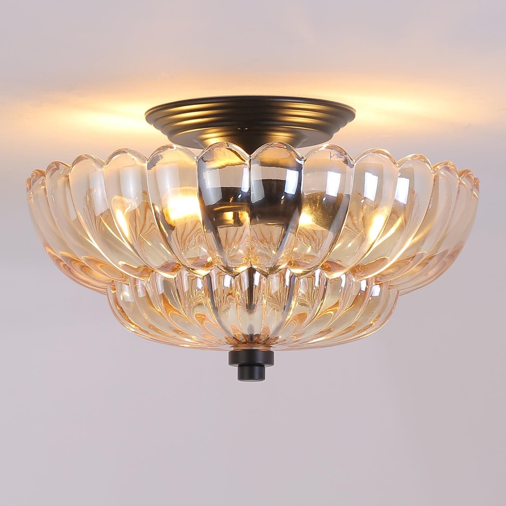 Scalloped Amber Glass Semi Flush Mount Ceiling Light Fixture