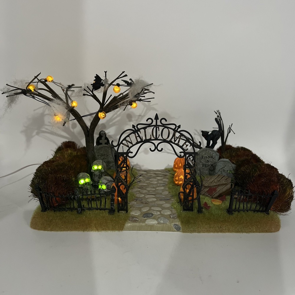 Dept. 56 Halloween Haunted Front Yard #52924 with Lights, Pumpkin, and Skulls – Spooky Outdoor Decor