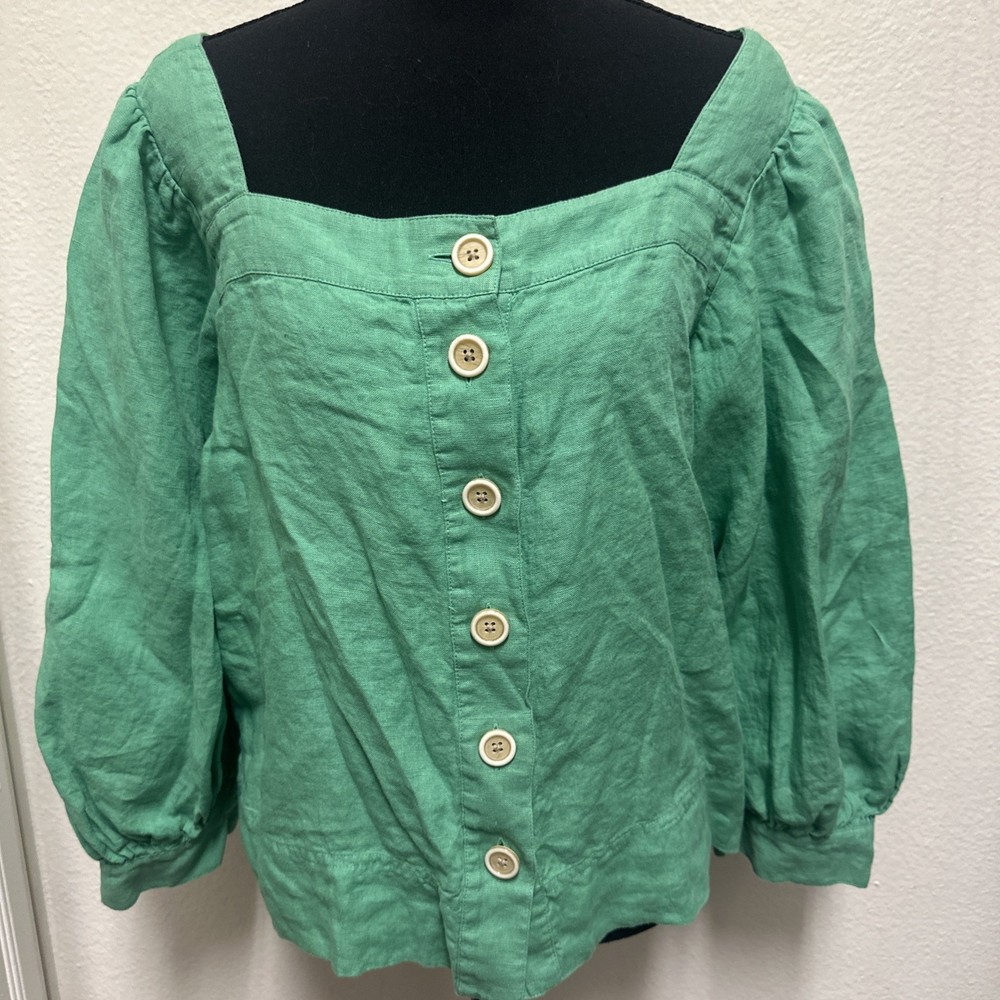 J.CREW Women's 100% Linen Blouse Top Green Mint Puff Sleeve Button Front XL