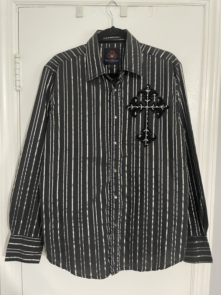 Vintage Y2K Mac Master Size M Pearl Snap Shirt Black/White Striped Embroidered