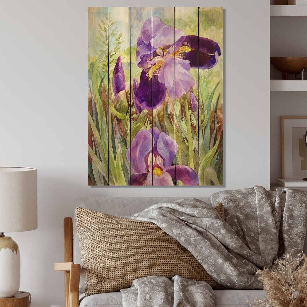 Designart 'Vintage Purple Irises' Traditional Wood Wall Art